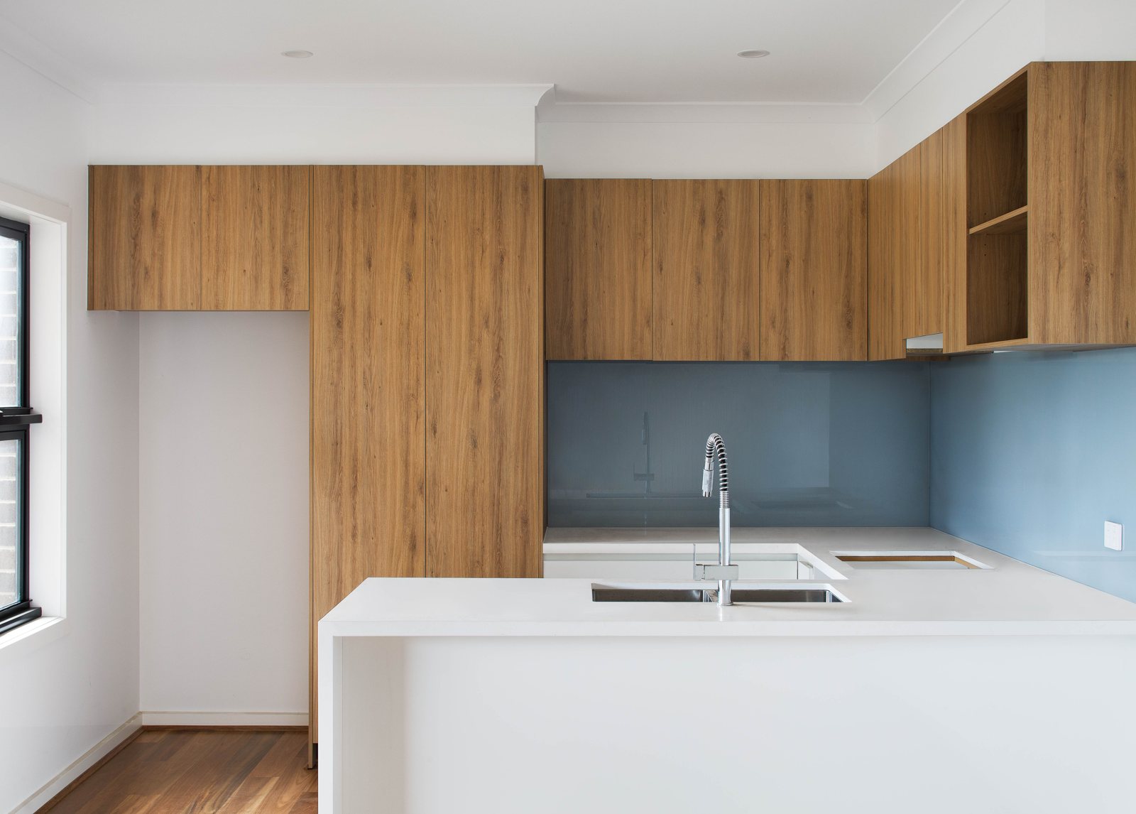 Timber veneer kitchen with stone island, Edinburgh Street, Clayton