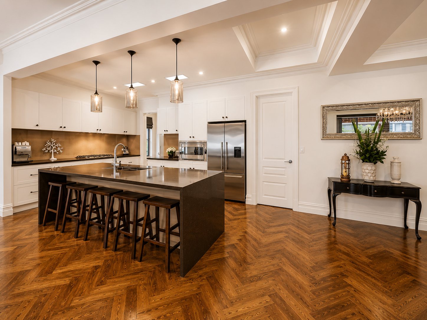 Kitchen with island bench and pendant lights, Grace Street, Camberwell