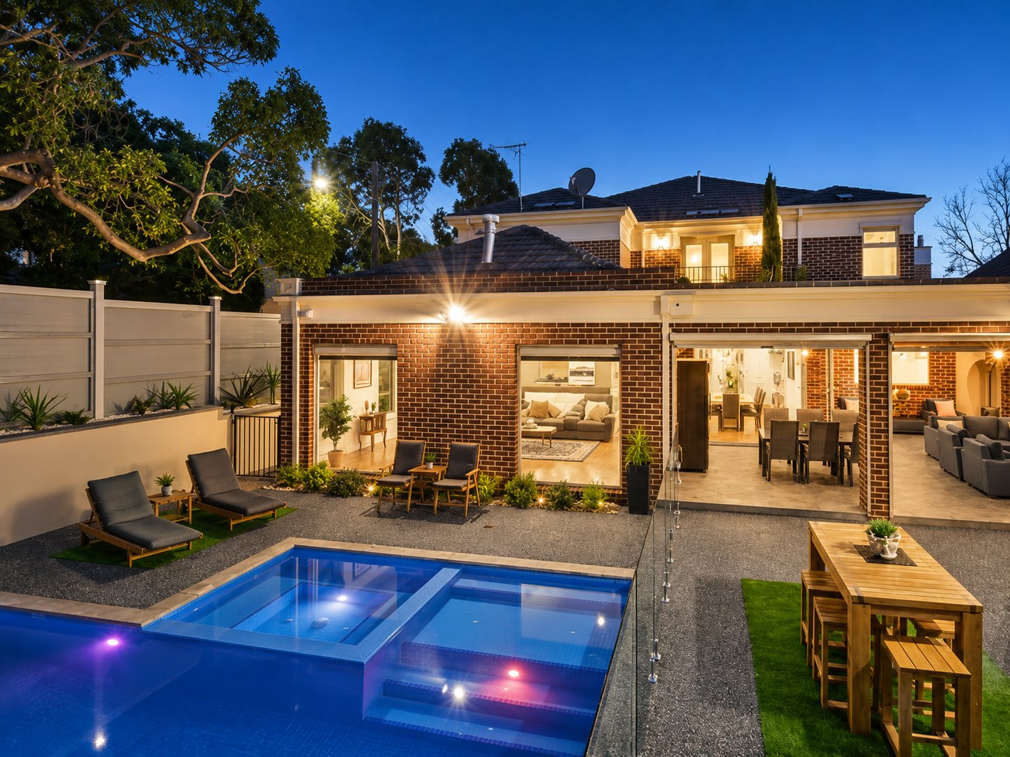 Pool and rear terrace at dusk, Grace Street, Camberwell
