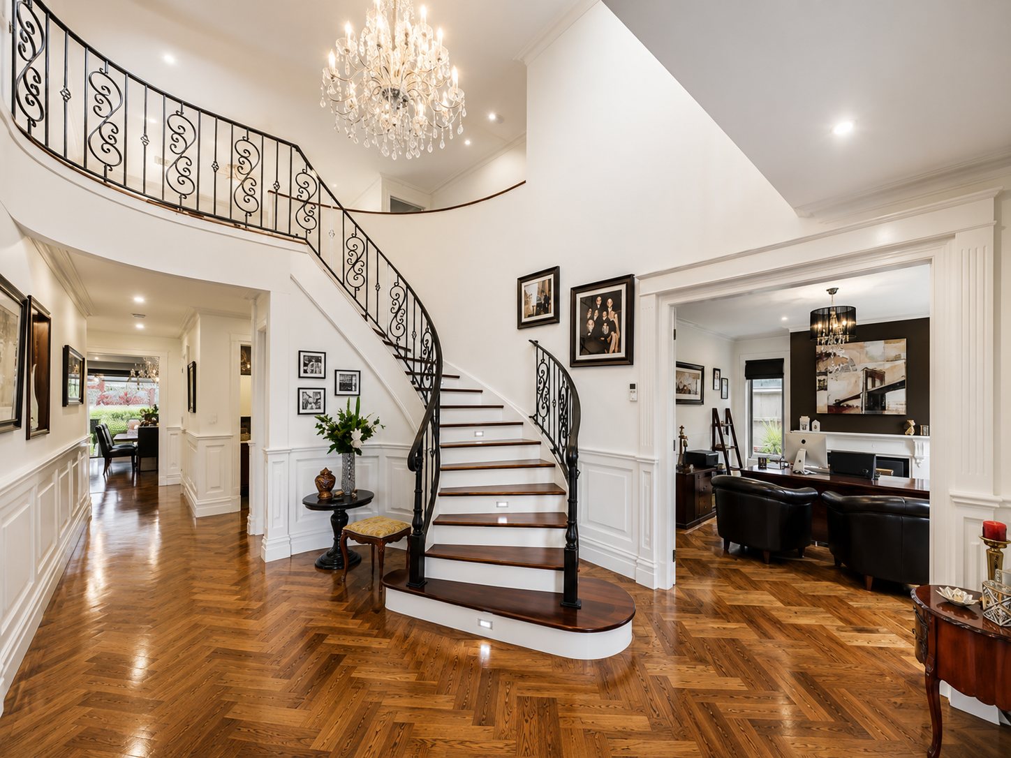 Curved staircase with wrought-iron balustrade and herringbone floor, Grace Street, Camberwell